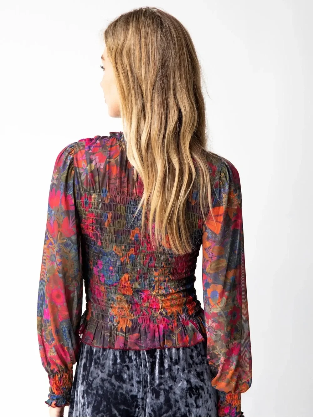 NATURAL LIFE Sheer Floral Mesh Top in Pink, Blue and Cream - Picture 3 of 9